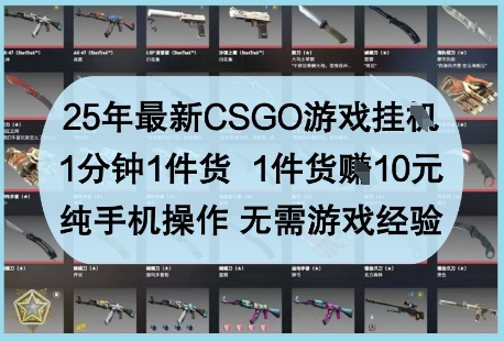 25年最新CSGO游戏挂G，1分钟1件货，1件货挣10元，纯手机操作，无需游戏经验