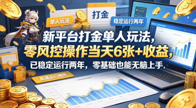 新平台打金单人玩法,零风控操作当天6张+收益,已稳定运行两年,零基础也能无脑上手