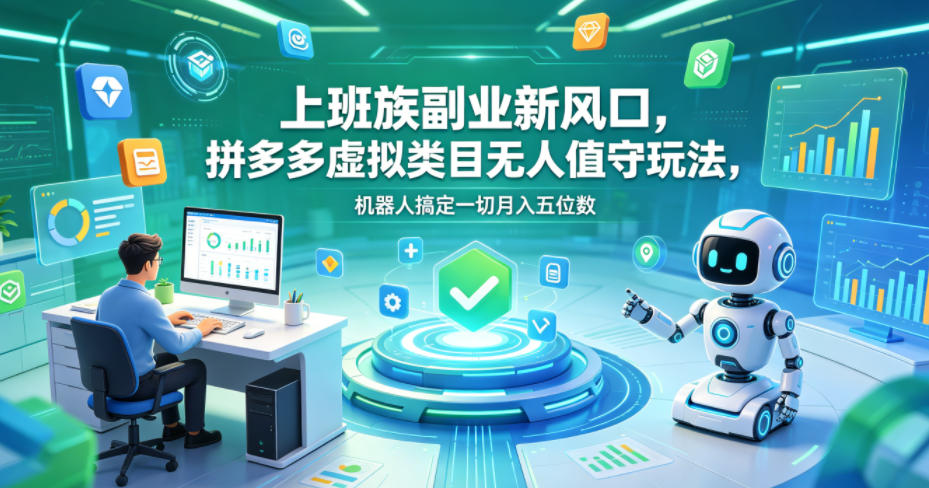 上班族副业新风口，拼多多虚拟类目无人值守玩法，机器人搞定一切月入五位数