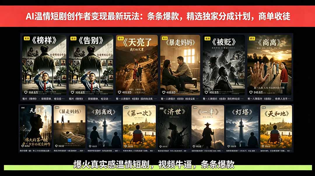 (18748期)AI温情短剧创作者变现最新玩法:视频牛逼,条条爆款,精选独家分成计划,商单收徒