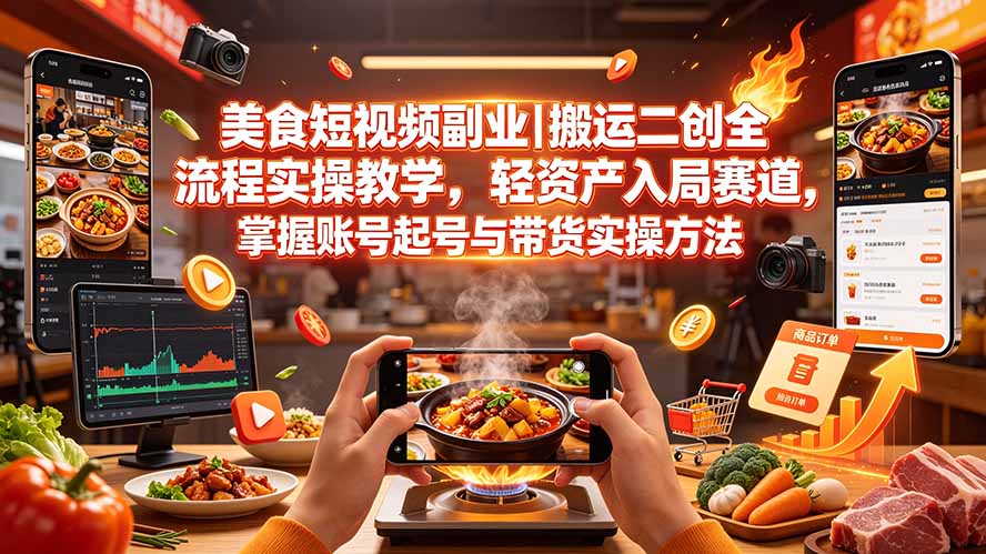 (19535期)美食短视频副业|搬运二创全流程实操教学,轻资产入局赛道,掌握账号起号与带货实操方法