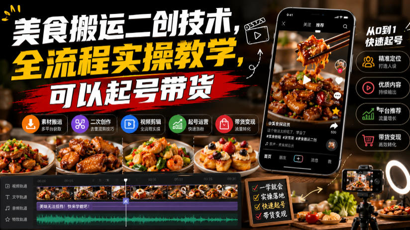 美食搬运二创技术，全流程实操教学，可以起号带货