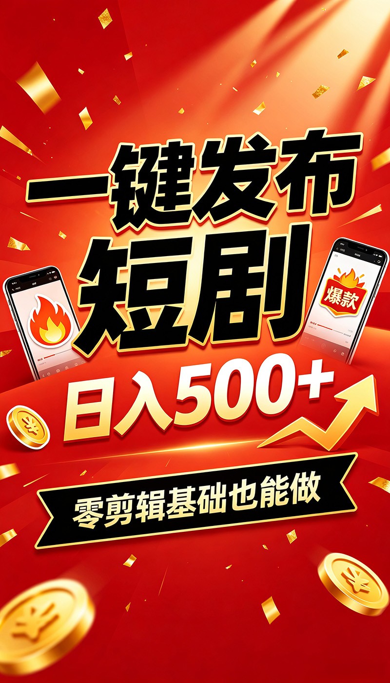 快手短剧一键发布,不用剪辑操作简单,副业日入500+。空闲时间轻松赚收益