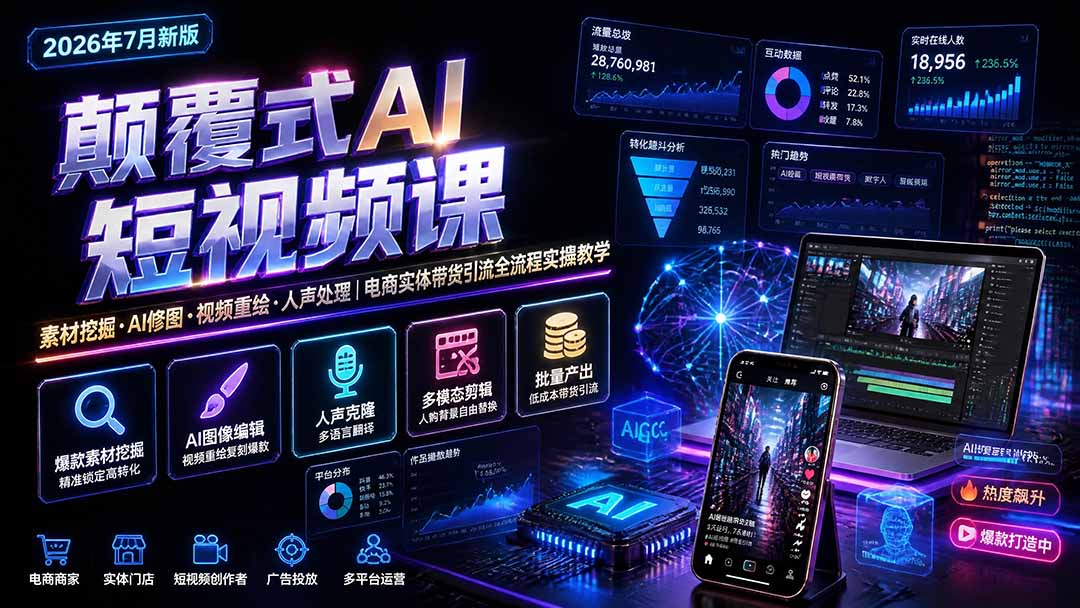（19630期）颠覆式AI短视频课｜素材挖掘，AI修图，视频重绘，人声处理｜电商实体带货引流全流程实操教学